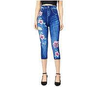 Black Elastic Waist Jeans Leggings for Women UK Capris Fake Jean Cropped Trousers High Waist 3/4 Length Pants Imitation Jegging Stretchy Casual Pants Tights Vintage Distressed Faux Denim Shorts Sales