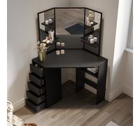 (Black) Elegant Corner Dressing Table with 3 Mirrors & 5 Drawers, Vanity Table with Side Shelves, 111 x 78.5 x 141.5cm