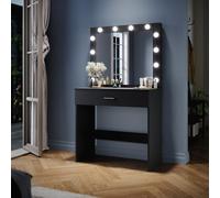 (Black) Elegant LED Dressing Table with Mirror, 12 Bulb Lights, Compact Vanity Makeup Table with Drawer Storage, Modern Space Saving Bedroom Furniture