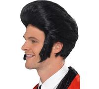 Black Elvis 50's Quiff King Wig With Sideburns Fancy Dress Wig