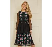 Black Embroidered Long Mesh Sleeve Prom Skater Dress Yumi Black 10
