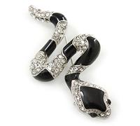 Black Enamel, Clear Crystal 'Snake' Brooch In Rhodium Plating - 55mm Length
