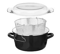 Black Enamel Glass Pyrex Lid Steel Deep Fryer Chips Frying Fry Pan Pot Basket