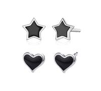 Black Enamel Star Heart Love Tiny Stud Earrings S999 Sterling Silver Small Mini Cartilage Conch Helix Piercing Studs Hypoallergenic Sensitive Ears Cute Jewelry Gifts for Women Christmas New Year 2