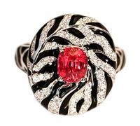 Black Enamel Zebra Pattern Cocktail Ring with Red Crystal Stone | Silver-Tone Band, Swirl CZ Accents Design, Bold Cocktail Style, Round Dome Top, Statement Jewelry