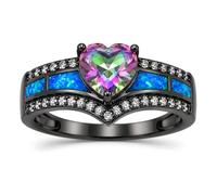 Black Engagement Ring for Women by Ginger Lyne | Heart Shaped Purple, Blue or Rainbow Mystic Topaz Color CZ Promise Ring | Simulated Fire Opal Inlay | Black Fashion Simple Bridal Band for Women, 9 UK