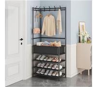 Black Entryway Coat Rack with 6 Hooks 3-Tier Shoe Storage Freestanding Garment Rack with Basket for Bedroom and Hallway Space-Saving Design 60cm