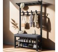 Black Entryway Coat Rack with Bench Removable Hooks Shoe Storage Clothes Hanger Hallway Stylish Hall Tree for Shoes and Coats