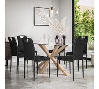 (Black) Etta Glass Dining Table Set w Solid Oak Legs w 4-6 Monza Faux Leather Chair