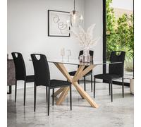 (Black) Etta Glass Dining Table Set w Solid Oak Legs w 4-6 Monza Faux Leather Chair
