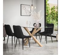 (Black) Etta Glass Dining Table Set w Solid Oak Legs w 4-6 Nova Faux Leather Chair