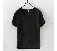 (black, EU S 50-60kg) New Slim Fit Slub Cotton Pure Color V Collar Short Sleeved Tops Tees Men T-Shirt Multi-color Man T-Shirts Fitness
