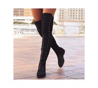 (Black, EU40=Foot Length25cm) Lace Up Womens Low Heel Thigh High Over The Knee Stretch Boots Riding Shoes