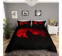Black Evening Red Moon Duvet Cover King Lonely Howling Wolf Theme Bedding Sets Black Base Gothic Style 3 Pieces Comforter Sets(1 Duvet Cover 2 Pillow Cases),No Comforter