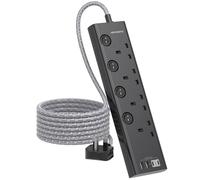 Black Extension Lead with 4 USB Slots(2 USB C), 4 Way Plug Extension Socket with Individual Switches, 1.8M Extension Cable, Desk Power Strip for Bedroom Office Accessories
