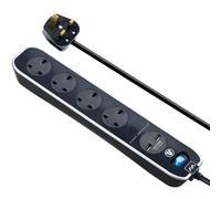 Black Extension Lead with USB 2M 4 Gang Surge Protected - Masterplug SRGLSU42PB