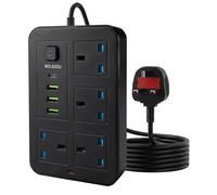 Black extension lead with usb slots 2500W -2m long cable - copper clips - 13A 220V - multi usb plug Cord UK - power strip with USB Socket, 8 in 1 mobile charging USB C PD 5V/2.1A