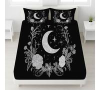 Black Fade Resistant Fitted Sheet Crescent Moon Black & White Flowers No Pilling Fitted Sheet Magical Starry Sky Breathable Bedding Soft for Girls & Boys, 180 x 200 x 30, Artistic Ethereal