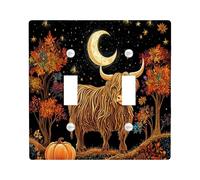 Black Fall Highland Cow Decorative Switch Cover 2 Gang Double Toggle, Aesthetic Autumn Magic Wall Plate Cover, Standard Size, Fantasy Fun Electrical Faceplate for Bedroom Living Room Decor