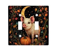 Black Fall Pig Decorative Switch Cover 2 Gang Double Toggle, Aesthetic Autumn Magic Switchcover Wall Plate, Fantasy Fun Electrical Faceplate for Bedroom Living Room Decor