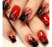 Black False Nails, 24-Piece Short Square Press-On Set, Red Flame Design | Glossy Finish, Burgundy Glitter, Translucent Pink Details, Fine Linework, Pre-Designed Manicure For Parties And Events