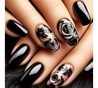 Black False Nails Short - 24Pcs Elegant Rose Press on Nails - Gothic Stick on nails - Fake Nails with Glue and Sticker - Full Cover Coffin Nail Tips Long Lasting for DIY Manicure
