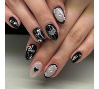 Black False Nails Short - 24PCS Gothic Press on Nails - 3D Bow Star Heart Diamond Glue on nails - Short Oval Fake Nails with Glue - Stick on nails French Tip - Full Cover Acrylic Nail Tips for Women