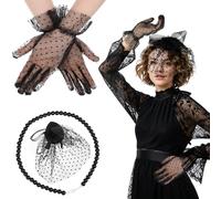 Black Fascinator Hat for Women Fascinators Tea Party Hat with Lace Gloves Faux Pearl Necklace Funeral Veil Hats Set for Women