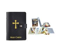 Black Faux Leather 20 Sleeve Forty Prayer Cards Holder and Set of 54 Holy Cards, Holy Card Organizer Holds 40 Laminated or Card Stock Memorial Saint Sacraments or Meditation Cards with Box of 54 Cards