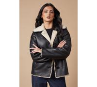 Black Faux Leather Button Detail Aviator Jacket Oasis Black 10