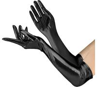 Black Faux Leather Gloves -Long Elegant Evening Gloves For Weddings,Halloween & Cosplay | Soft Stretchable Fabric, Secure Fit | Perfect For Brides, Costume Parties & Ballroom Dances