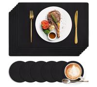 Black Faux Leather Placemats Set of 6,Stain & Heat Resistant Dining Table Mats with Free Drink Coasters,Waterproof Table Place Mats for Dining Table Indoor & Outdoor Use Size 18"x 12"