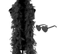 Black Feather Boa, 6.6ft/2m Feather Boas With Heart Rimless Sunglasses, Natural Turkey Feathers Boa, Suitable For Female Halloween, Christmas, Cosplay Feather Scarf