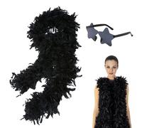 Black Feather Boa and Star Sunglasses Set,2M 80g Thick Natural Turkey Feather Boas,Fancy Dress Crafts Colorful Feather Boas for Women,Girls,Dancing Wedding Halloween Party Cosplay Accessory