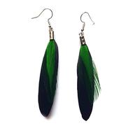 Black Feather Earrings with Green Feather - Handmade