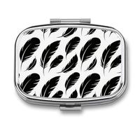 Black Feather Float Pill Box Travel Pill Organizer 2-Compartment with Mirror Design Portable Square Medicine Case for Vitamins, Jewelry & Essentials Durable Pocket Pillcase for Purse, Camping