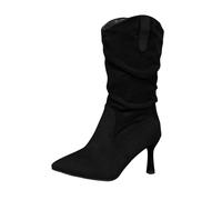 Black Females Large Measurements Pointed High Heel Chic Boots Fall Winter Cozy Stylish Pleated Mid Calf Boots for Outdoor Activities