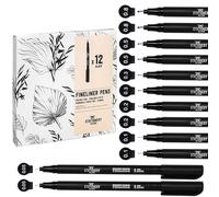 Black Fineliner Pens - Set of 12 - Assorted Nibs - Fine Tip - For Sketching, Inking, Bullet Journal, Drawing, Writing, Manga and Graphic Design