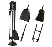 Black Fireplace Tools Companion Set - Tongs, Poker, Shovel & Brush (DB16) | Recycled Metal, Cast Iron, Matte Black Finish, Footed Stand, Fireside Tools