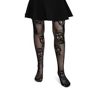 Black Fishnet Skull Stockings Tights - Gothic Day of the Dead Halloween Fish Net Pantyhose with Ripped Skeleton Sugar Skulls Stockings for Women and Teens