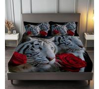 Black Fitted Sheet 90 x 190 cm, Flowers And Tiger Wildlife Combination Fitted Sheets with Deep Pocket - Ultra Soft Breathable Fade Resistant Easy Care Printed Bedding for Children Adult