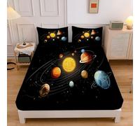 Black Fitted Sheets, Cartoon Space Solar System Planets Super King Fitted Sheet, Bed Sheets Extra Deep Pocket 12 inch (30 cm) Microfiber Brushed 180x200cm Bed Sheet with 2 Pillowcases 50×75cm