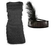 Black Flapper Dress - X-Small - Ladies Flapper Fancy Dress Costume with Fringing - Matching Sequin Headband and Feather - 1920s Charleston Dress