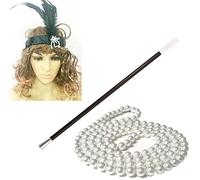 Black Flapper Set Fancy Dress Accessory Instant Kit Black Feather Headband + Cigarette Holder Fake Cigarette + Pearl Necklace 30s Great Gangster Moll