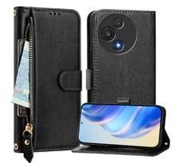 (Black) Flip Case for Tcl 60r Zipper Card Holder Pu Leather Magnetic