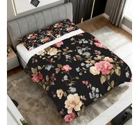 Black Floral Coverless Duvet Super King, Reversible Patterned Design, Flower Quilt & 1 Pillow Case for Bedroom Decor, 10.5 Tog Soft Microfibre Comforter Washable, All Seasons #y369