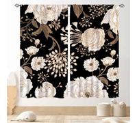 Black Floral Curtains, Boho Vintage Black Gold Peony Rose Gothic Spring Flower Blossom Art Printed Aesthetic Retro Country Window Drapes for Kitchen Bedroom Living Room Bathroom 2 Panels, 42"x54" Inch