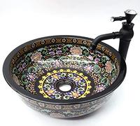 Black Floral Flower Patterned Bathroom Ceramic Counter Top Wash Basin Sink Diameter 40cm Height 15cm Washing Round Bowl Vintage Kasbah Moroccan Hand Painted Print Craft Handmade