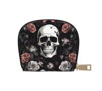 Black Floral Halloween Skull Leather Semi-Circular Card Bag, Compact and Convenient, Easy to Store