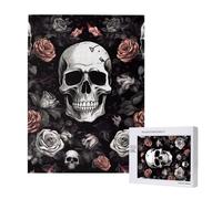 Black Floral halloween Skull Printed Jigsaw Puzzle with Storage Box, Wooden Puzzle for Adults and Kids, 500 Pieces Family Fun Decorative Game